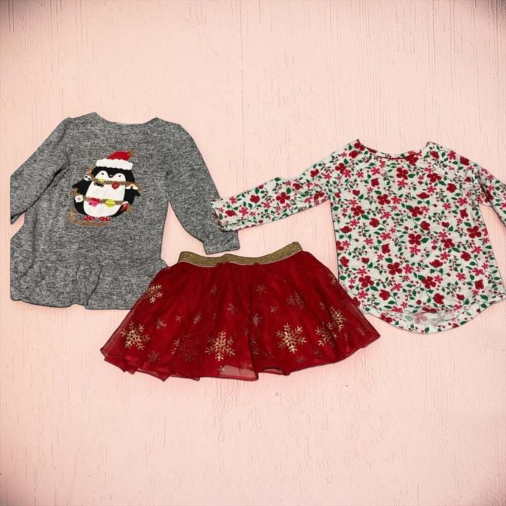 Holiday Time Girls Christmas Penguin Tunic Shirt, Floral Top & Tutu Skirt Outfit